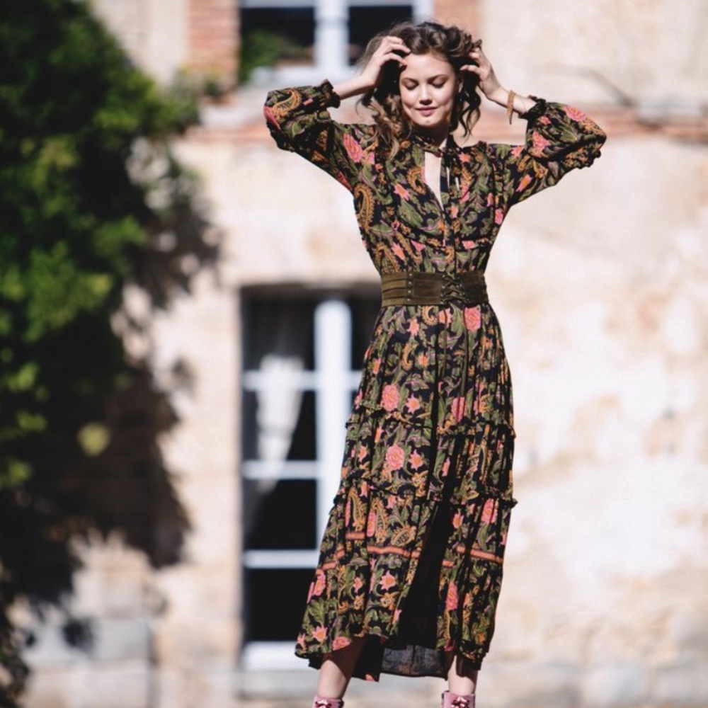 Spell Olive Floral Tiered Maxi Dress with Pink and Gold Accents
